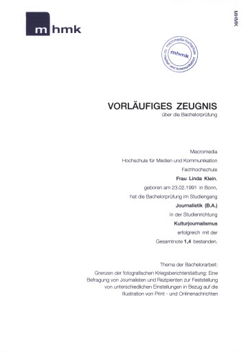 Bachelor-Zeugnis Linda Katharina Klein